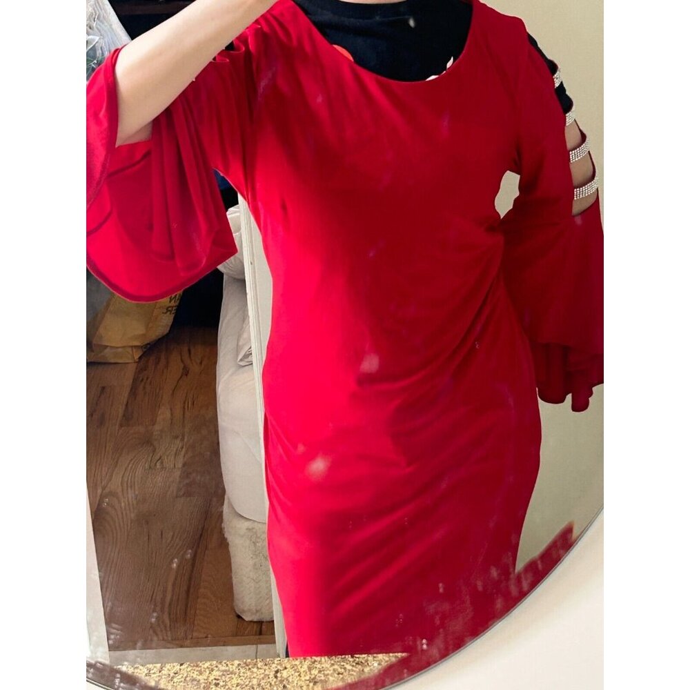 Women's Red Dance Dress Size Large with White Gemstones